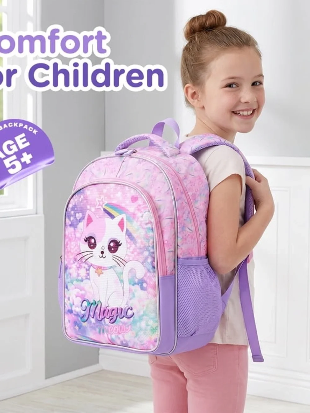 Pink and Purple 3-in-1 Cat School Backpack Set for Girls WE5
